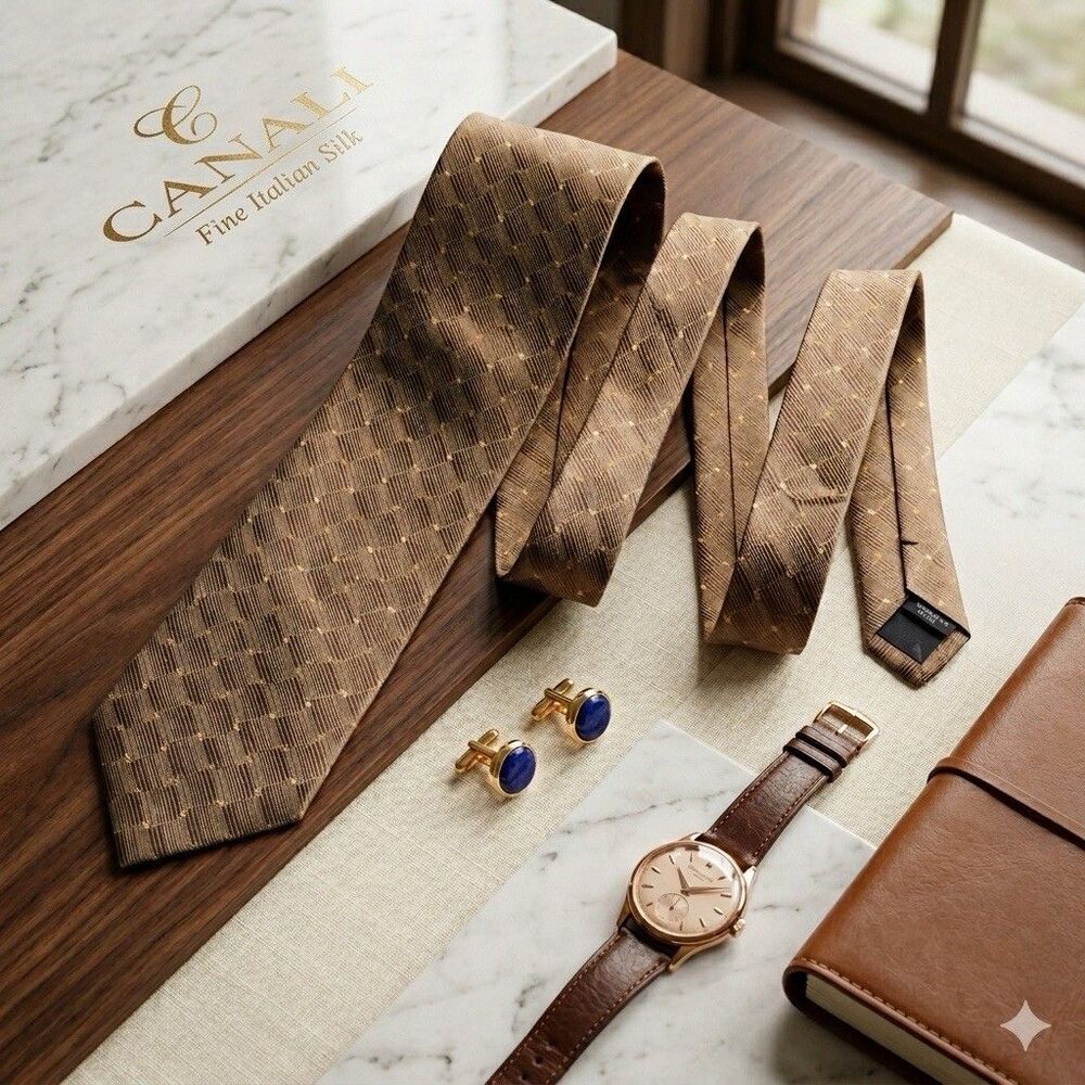 NWOT CANALI Italy Silk Tie Brown Gold Geometric Dot LUXURY 57" X 3.75" Pristine